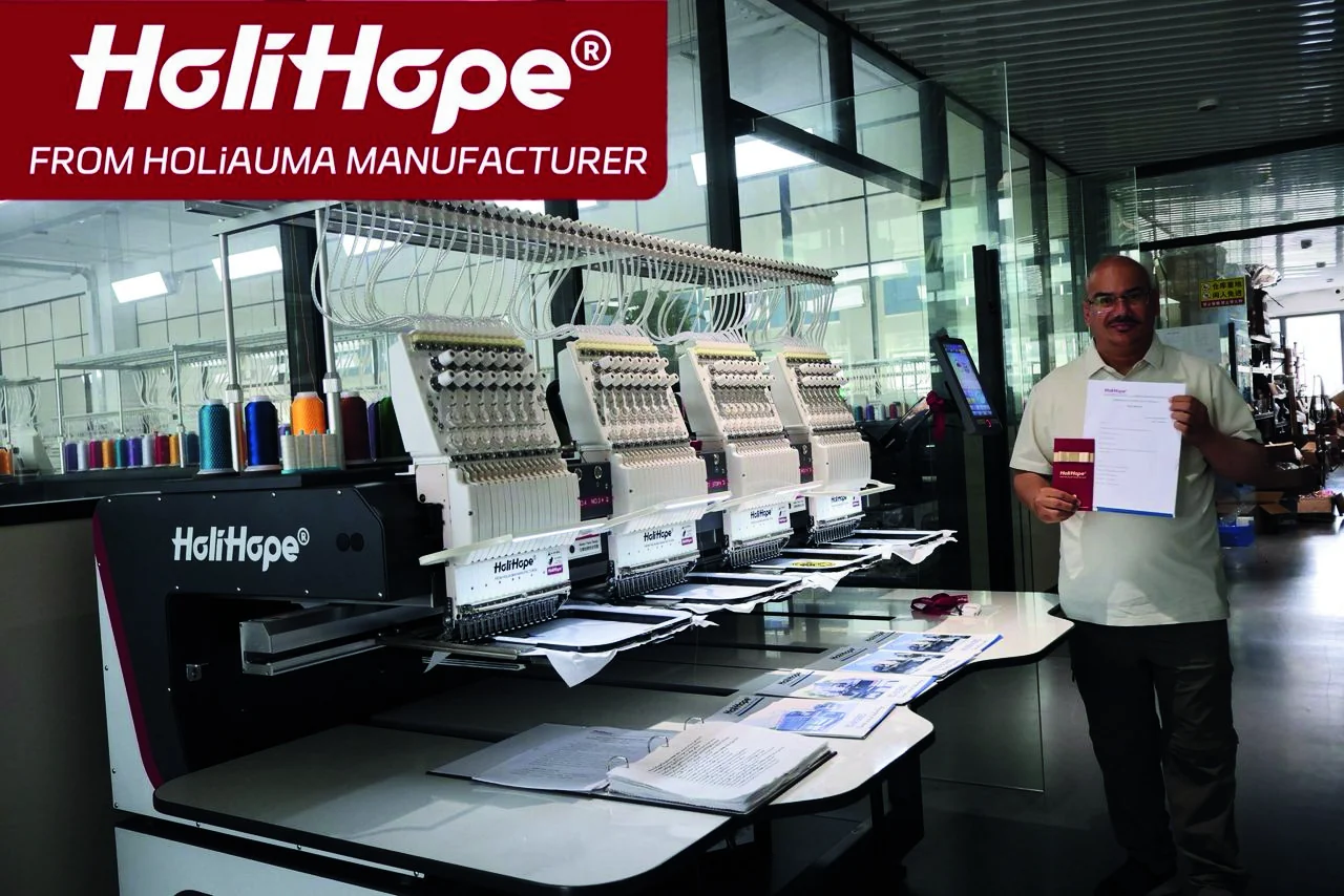 Digital embroidery machines running on the Klot Planet Plus factory floor